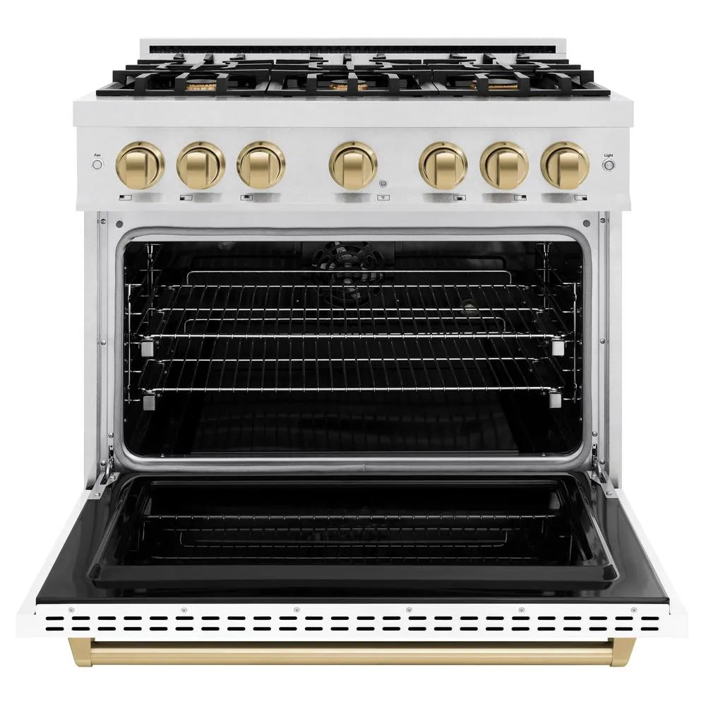 ZLINE Autograph Edition 36 in. 5.2 cu. ft. Classic Dual Fuel Range with 6 Burner Gas Cooktop and Electric Convection Oven in Satin Stainless Steel with White Matte Door and Champagne Bronze Accents (CDRSZ-WM-36-CB) front, oven open.