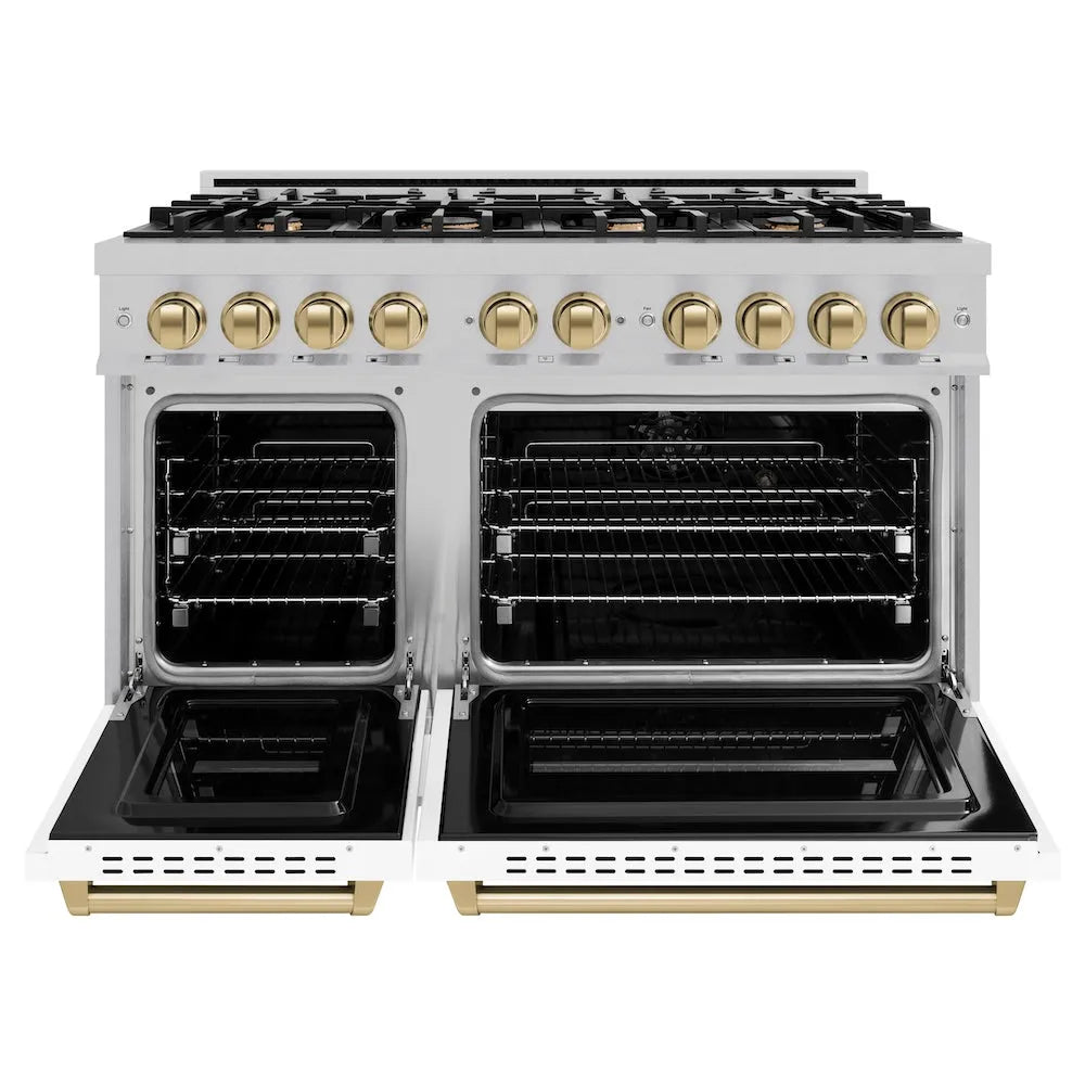 ZLINE Autograph Edition 48 in. 6.7 cu. ft. Classic Double Oven Dual Fuel Range with 8 Burner Gas Cooktop in Satin Stainless Steel with White Matte Doors and Champagne Bronze Accents (CDRSZ-WM-48-CB) front, oven open.