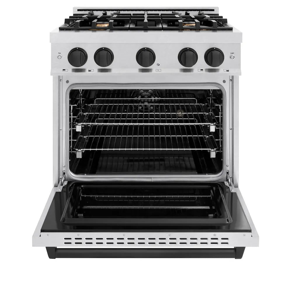 ZLINE Autograph Edition 30 in. 4.2 cu. ft. Classic Dual Fuel Range with 4 Burner Gas Cooktop and Electric Convection Oven in Satin Stainless Steel with Matte Black Accents (CDRSZ-30-MB) front, oven open.