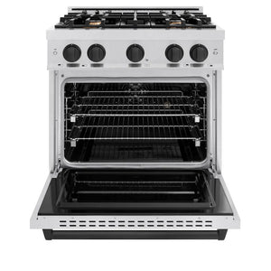 ZLINE Autograph Edition 30 in. 4.2 cu. ft. Classic Dual Fuel Range with 4 Burner Gas Cooktop and Electric Convection Oven in Satin Stainless Steel with Matte Black Accents (CDRSZ-30-MB) front, oven open.
