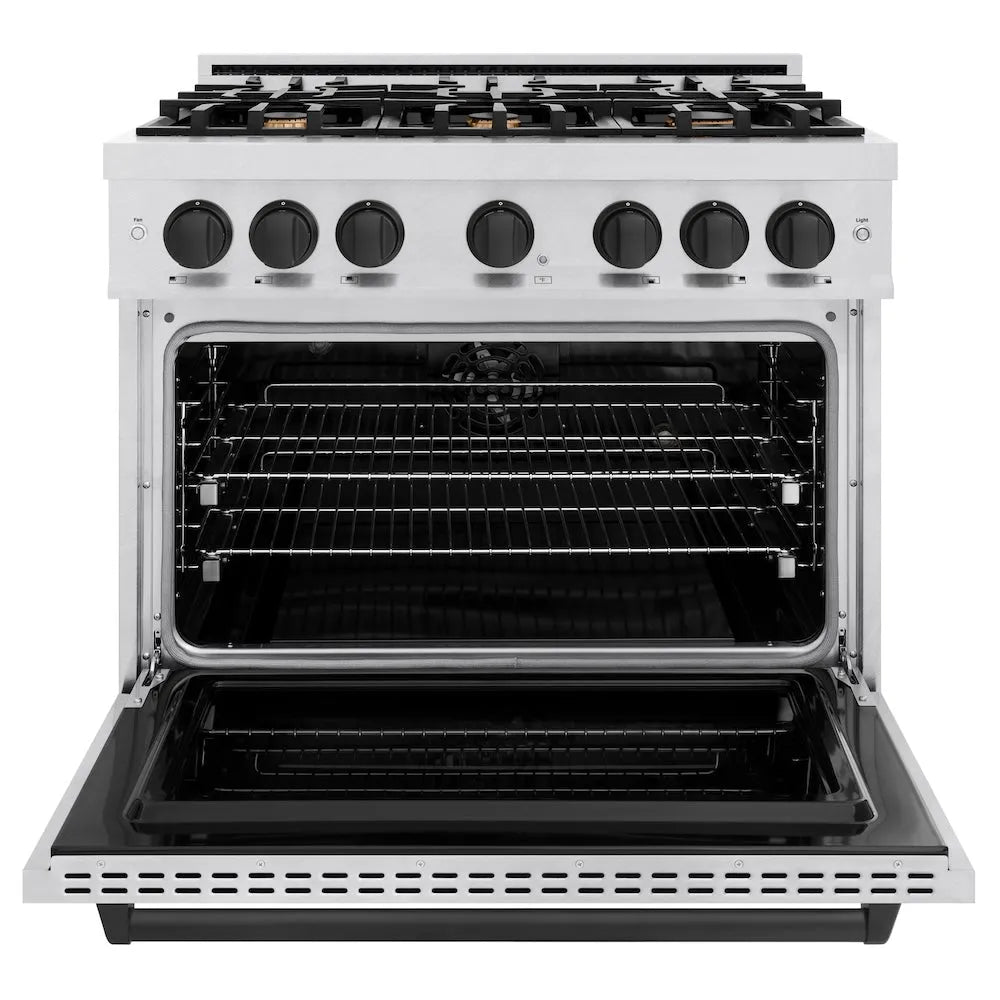 ZLINE Autograph Edition 36 in. 5.2 cu. ft. Classic Dual Fuel Range with 6 Burner Gas Cooktop and Electric Convection Oven in Satin Stainless Steel with Matte Black Accents (CDRSZ-36-MB) front, oven open.
