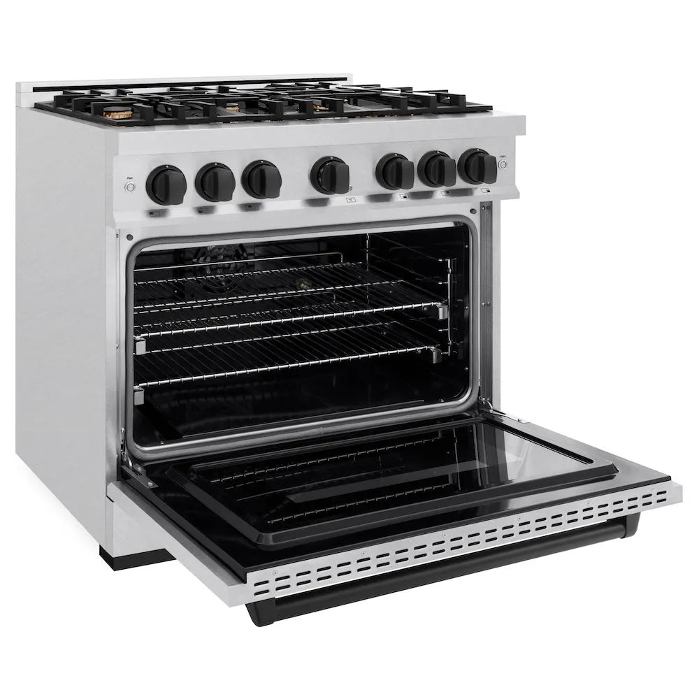 ZLINE Autograph Edition 36 in. 5.2 cu. ft. Classic Dual Fuel Range with 6 Burner Gas Cooktop and Electric Convection Oven in Satin Stainless Steel with Matte Black Accents (CDRSZ-36-MB) side, oven open.