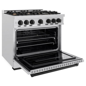 ZLINE Autograph Edition 36 in. 5.2 cu. ft. Classic Dual Fuel Range with 6 Burner Gas Cooktop and Electric Convection Oven in Satin Stainless Steel with Matte Black Accents (CDRSZ-36-MB) side, oven open.