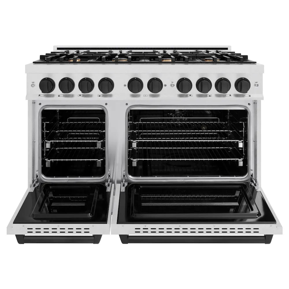ZLINE Autograph Edition 48 in. 6.7 cu. ft. Classic Double Oven Dual Fuel Range with 8 Burner Gas Cooktop in Satin Stainless Steel and Matte Black Accents (CDRSZ-48-MB) front, oven open.