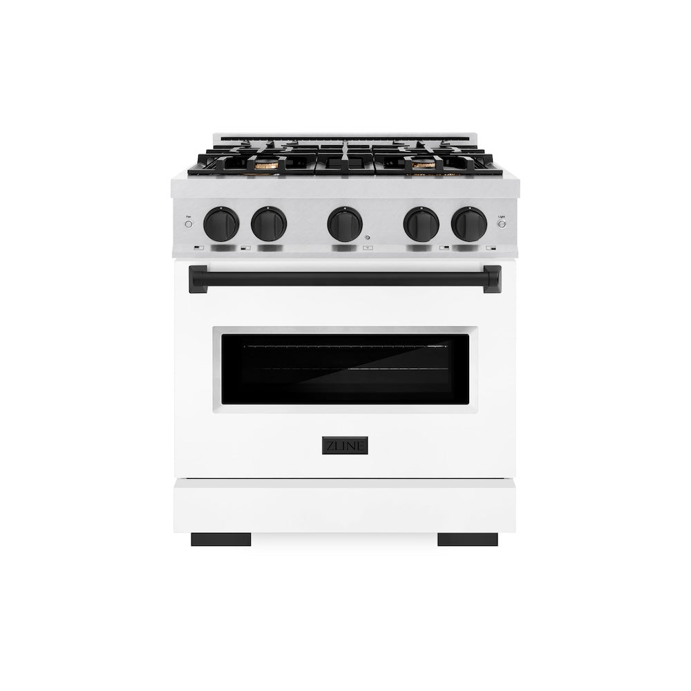 ZLINE Autograph Edition 30 in. 4.2 cu. ft. Classic Dual Fuel Range with 4 Burner Gas Cooktop and Electric Convection Oven in Satin Stainless Steel with White Matte Door and Matte Black Accents (CDRSZ-WM-30-MB)