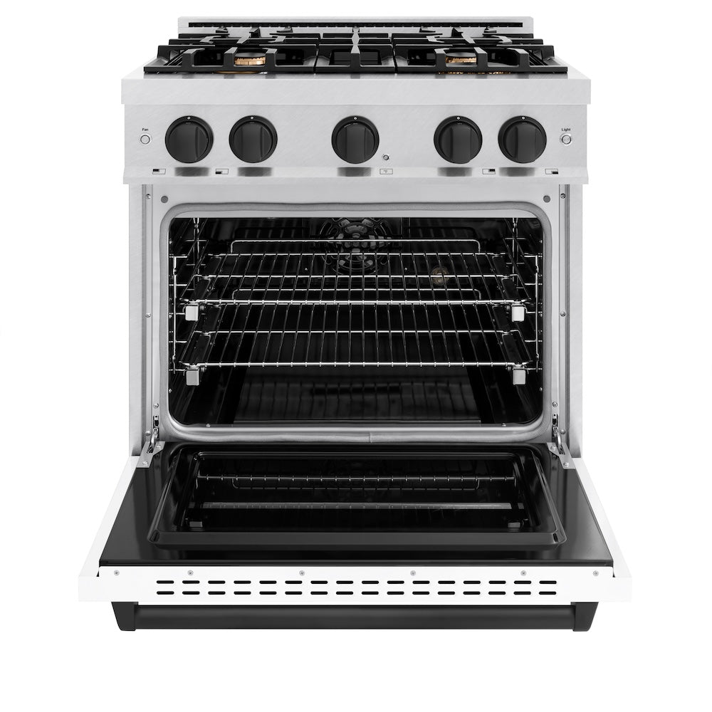 ZLINE Autograph Edition 30 in. 4.2 cu. ft. Classic Dual Fuel Range with 4 Burner Gas Cooktop and Electric Convection Oven in Satin Stainless Steel with White Matte Door and Matte Black Accents (CDRSZ-WM-30-MB) front, oven open.