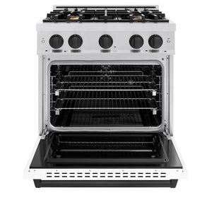 ZLINE Autograph Edition 30 in. 4.2 cu. ft. Classic Dual Fuel Range with 4 Burner Gas Cooktop and Electric Convection Oven in Satin Stainless Steel with White Matte Door and Matte Black Accents (CDRSZ-WM-30-MB) front, oven open.
