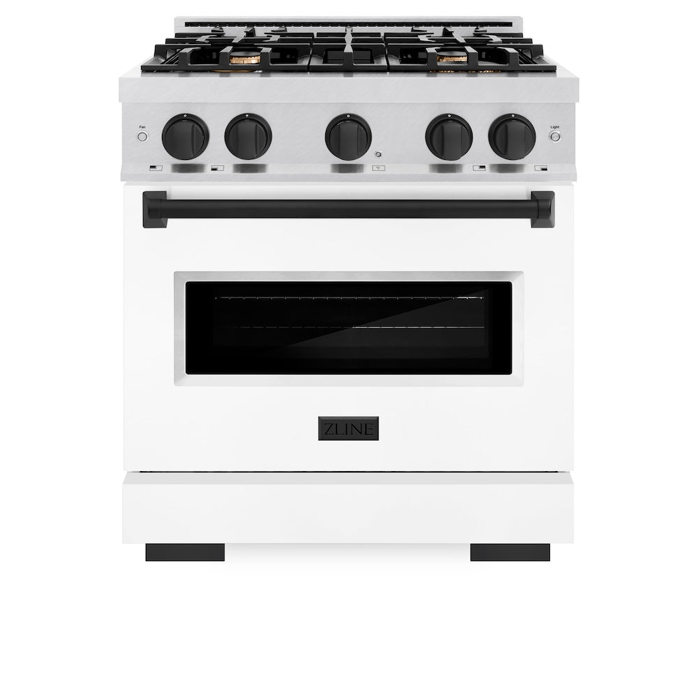 ZLINE Autograph Edition 30 in. 4.2 cu. ft. Classic Dual Fuel Range with 4 Burner Gas Cooktop and Electric Convection Oven in Satin Stainless Steel with White Matte Door and Matte Black Accents (CDRSZ-WM-30-MB) front, oven closed.
