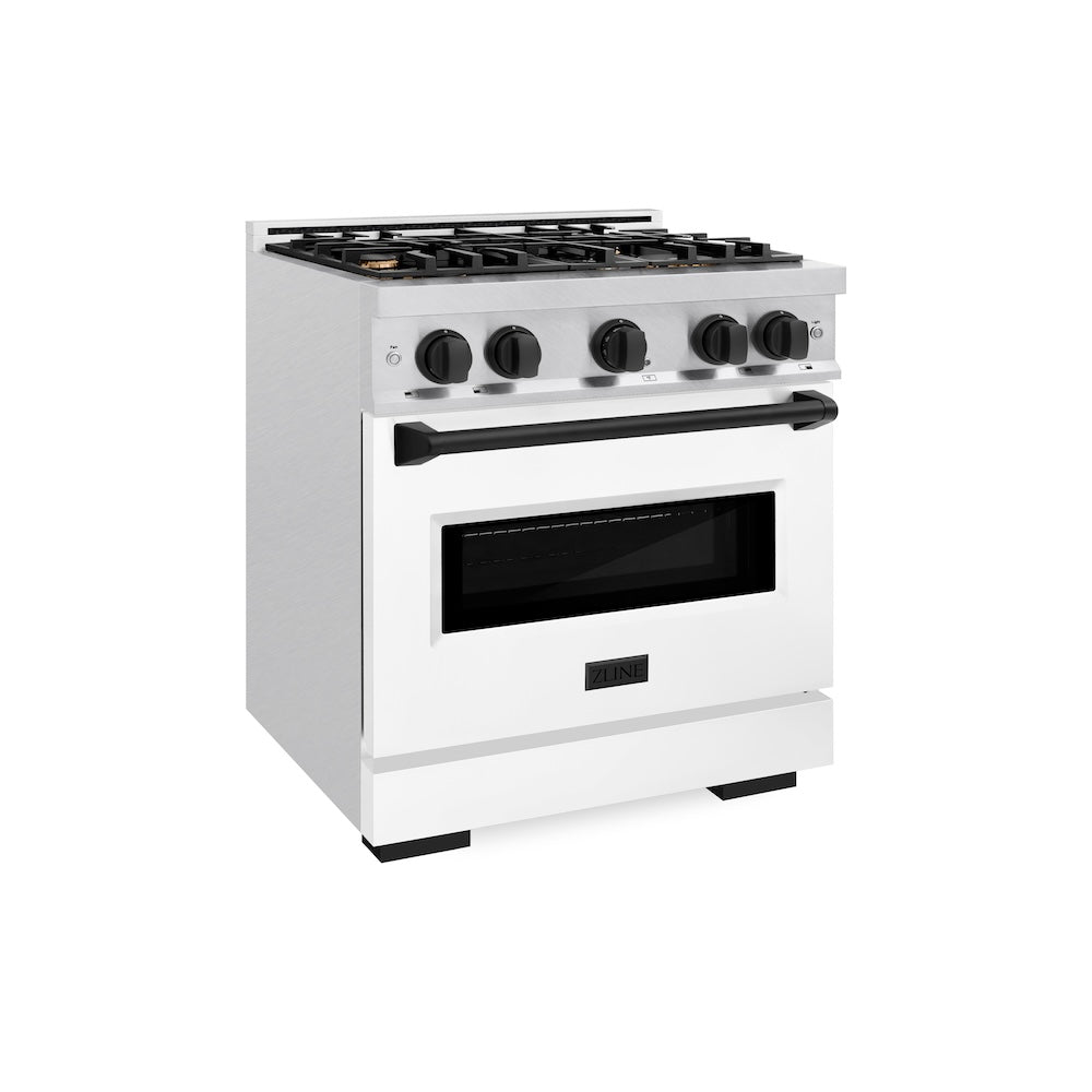 ZLINE Autograph Edition 30 in. 4.2 cu. ft. Classic Dual Fuel Range with 4 Burner Gas Cooktop and Electric Convection Oven in Satin Stainless Steel with White Matte Door and Matte Black Accents (CDRSZ-WM-30-MB) side.