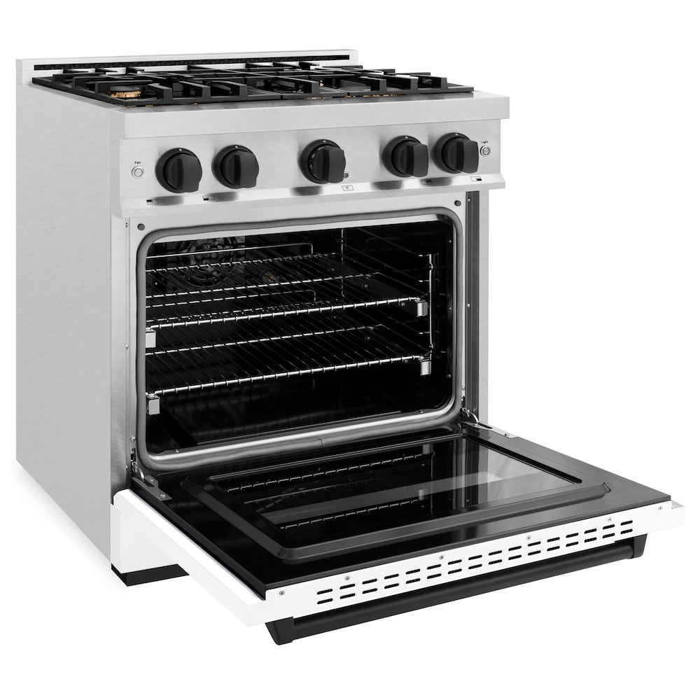 ZLINE Autograph Edition 30 in. 4.2 cu. ft. Classic Dual Fuel Range with 4 Burner Gas Cooktop and Electric Convection Oven in Satin Stainless Steel with White Matte Door and Matte Black Accents (CDRSZ-WM-30-MB) side, oven open.