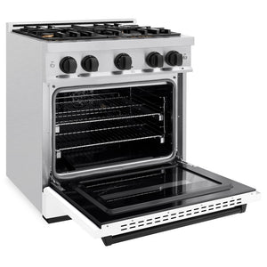 ZLINE Autograph Edition 30 in. 4.2 cu. ft. Classic Dual Fuel Range with 4 Burner Gas Cooktop and Electric Convection Oven in Satin Stainless Steel with White Matte Door and Matte Black Accents (CDRSZ-WM-30-MB) side, oven open.