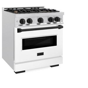 ZLINE Autograph Edition 30 in. 4.2 cu. ft. Classic Dual Fuel Range with 4 Burner Gas Cooktop and Electric Convection Oven in Satin Stainless Steel with White Matte Door and Matte Black Accents (CDRSZ-WM-30-MB) side, oven closed.