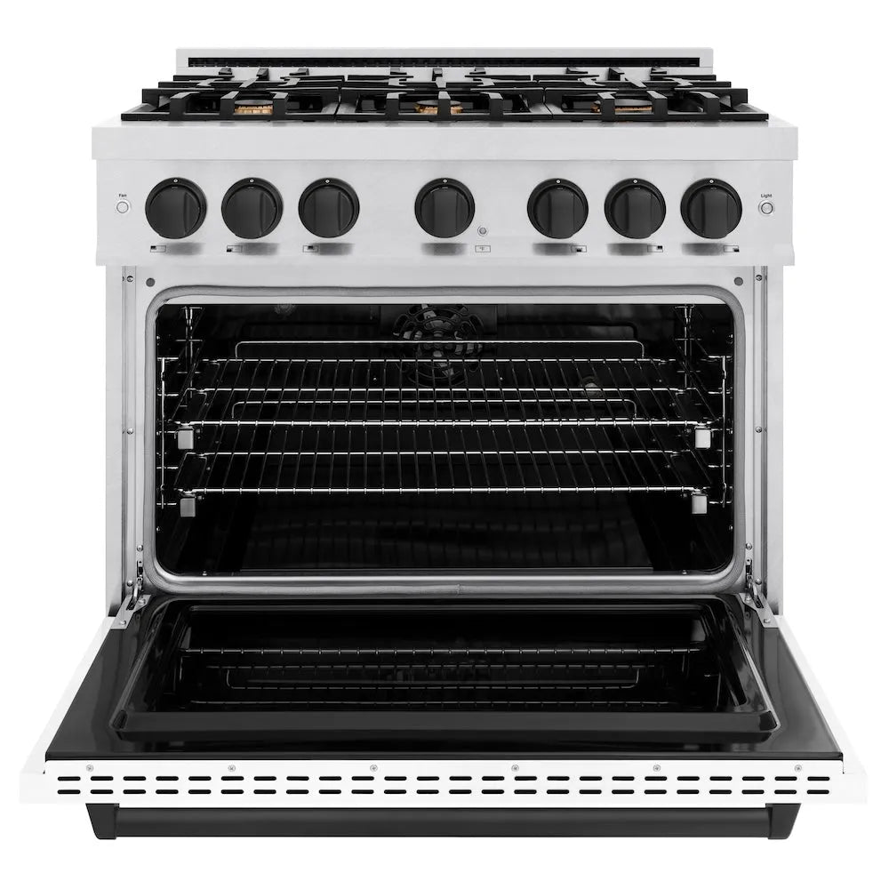 ZLINE Autograph Edition 36 in. 5.2 cu. ft. Classic Dual Fuel Range with 6 Burner Gas Cooktop and Electric Convection Oven in Satin Stainless Steel with White Matte Door and Matte Black Accents (CDRSZ-WM-36-MB) front, oven open.