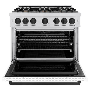 ZLINE Autograph Edition 36 in. 5.2 cu. ft. Classic Dual Fuel Range with 6 Burner Gas Cooktop and Electric Convection Oven in Satin Stainless Steel with White Matte Door and Matte Black Accents (CDRSZ-WM-36-MB) front, oven open.