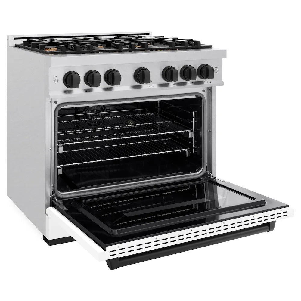 ZLINE Autograph Edition 36 in. 5.2 cu. ft. Classic Dual Fuel Range with 6 Burner Gas Cooktop and Electric Convection Oven in Satin Stainless Steel with White Matte Door and Matte Black Accents (CDRSZ-WM-36-MB) side, oven open.