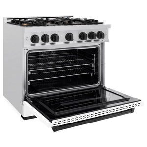 ZLINE Autograph Edition 36 in. 5.2 cu. ft. Classic Dual Fuel Range with 6 Burner Gas Cooktop and Electric Convection Oven in Satin Stainless Steel with White Matte Door and Matte Black Accents (CDRSZ-WM-36-MB) side, oven open.