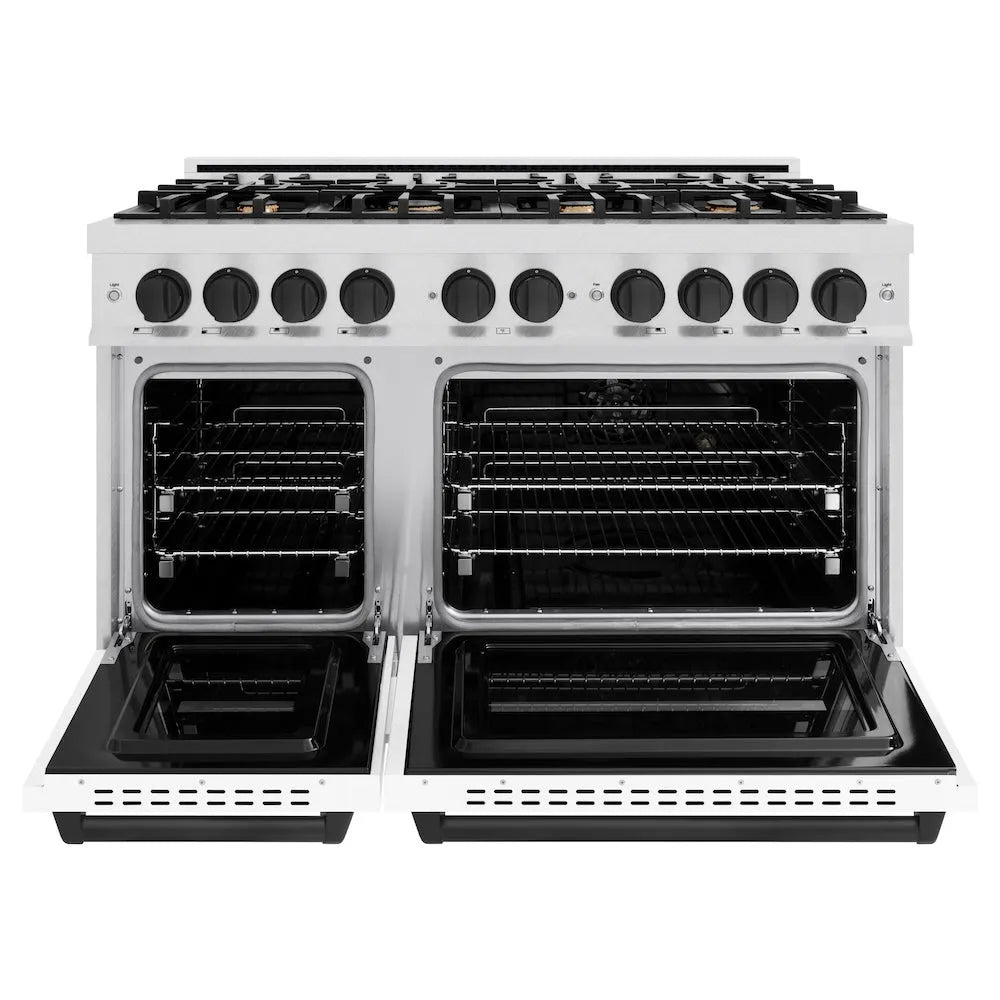 ZLINE Autograph Edition 48 in. 6.7 cu. ft. Classic Double Oven Dual Fuel Range with 8 Burner Gas Cooktop in Satin Stainless Steel with White Matte Doors and Matte Black Accents (CDRSZ-WM-48-MB) front, oven open.