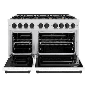 ZLINE Autograph Edition 48 in. 6.7 cu. ft. Classic Double Oven Dual Fuel Range with 8 Burner Gas Cooktop in Satin Stainless Steel with White Matte Doors and Matte Black Accents (CDRSZ-WM-48-MB) front, oven open.