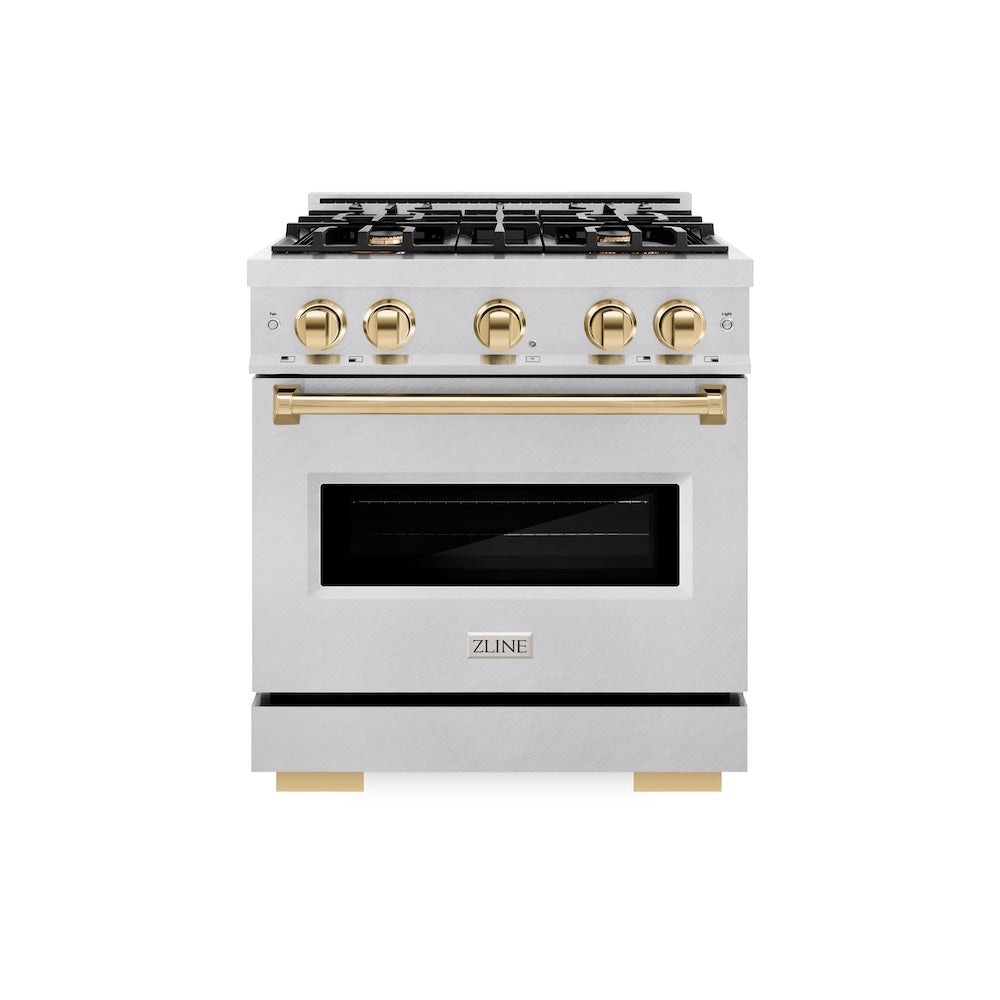 ZLINE Autograph Edition 30 in. 4.2 cu. ft. Classic Dual Fuel Range with 4 Burner Gas Cooktop and Electric Convection Oven in Satin Stainless Steel with Polished Gold Accents (CDRSZ-30-G)