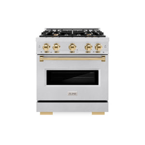 ZLINE Autograph Edition 30 in. 4.2 cu. ft. Classic Dual Fuel Range with 4 Burner Gas Cooktop and Electric Convection Oven in Satin Stainless Steel with Polished Gold Accents (CDRSZ-30-G)