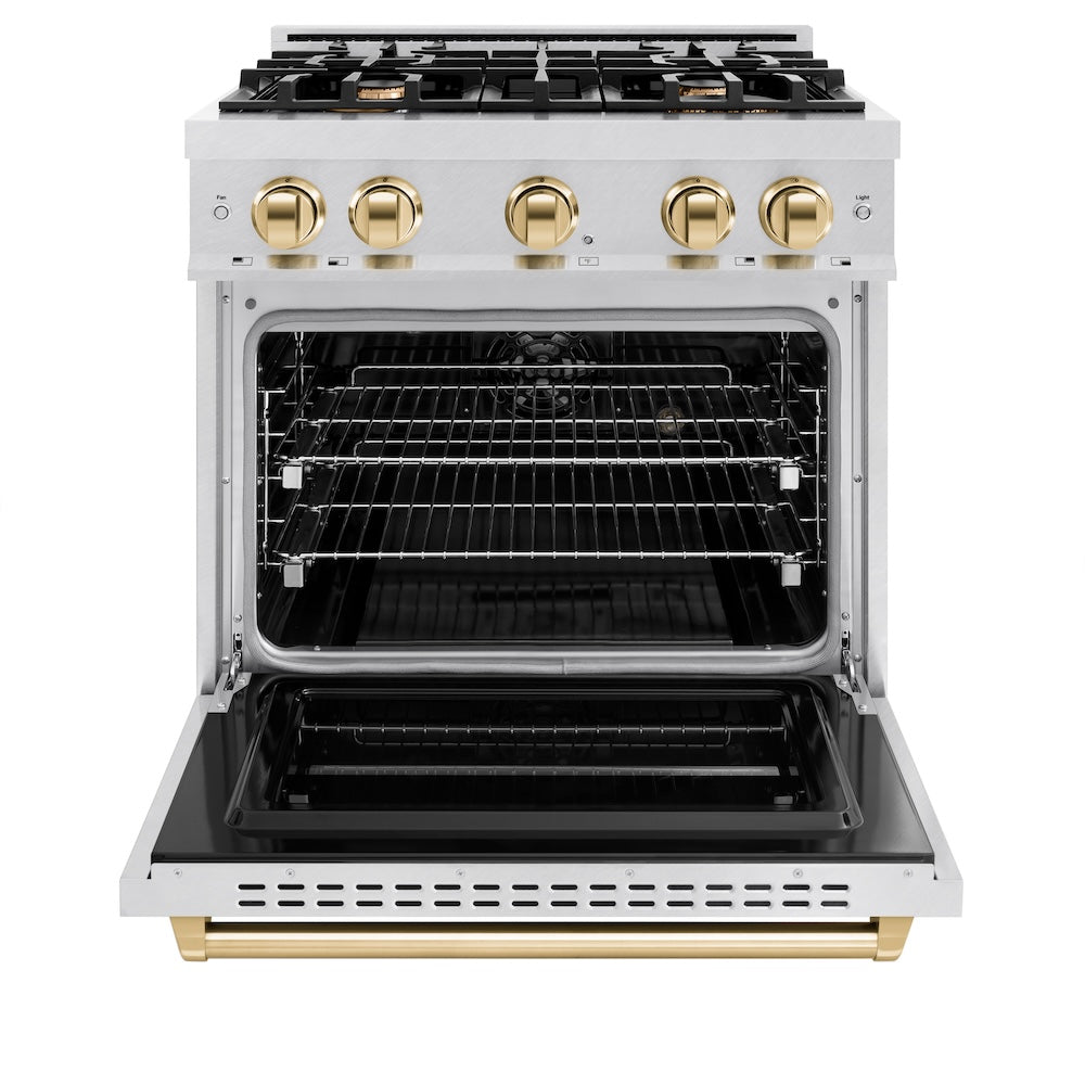 ZLINE Autograph Edition 30 in. 4.2 cu. ft. Classic Dual Fuel Range with 4 Burner Gas Cooktop and Electric Convection Oven in Satin Stainless Steel with Polished Gold Accents (CDRSZ-30-G) front, oven open.