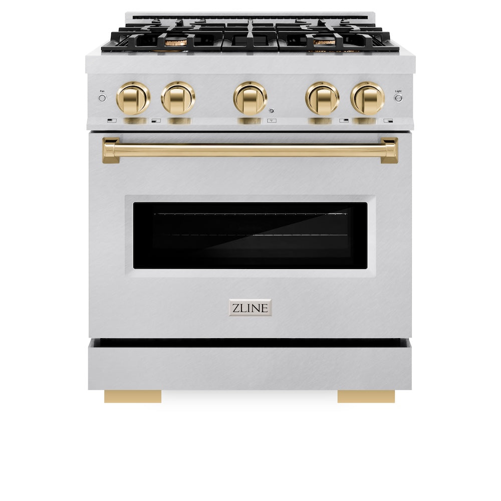 ZLINE Autograph Edition 30 in. 4.2 cu. ft. Classic Dual Fuel Range with 4 Burner Gas Cooktop and Electric Convection Oven in Satin Stainless Steel with Polished Gold Accents (CDRSZ-30-G) front, oven closed.