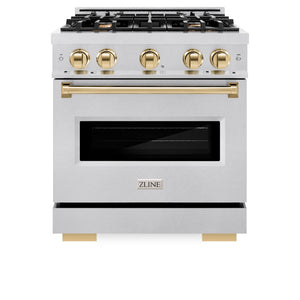 ZLINE Autograph Edition 30 in. 4.2 cu. ft. Classic Dual Fuel Range with 4 Burner Gas Cooktop and Electric Convection Oven in Satin Stainless Steel with Polished Gold Accents (CDRSZ-30-G) front, oven closed.