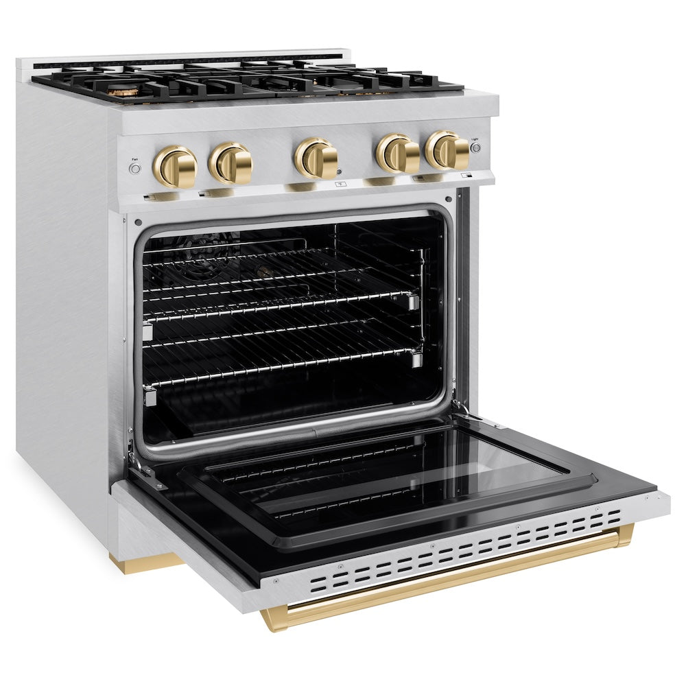 ZLINE Autograph Edition 30 in. 4.2 cu. ft. Classic Dual Fuel Range with 4 Burner Gas Cooktop and Electric Convection Oven in Satin Stainless Steel with Polished Gold Accents (CDRSZ-30-G) side, oven open.