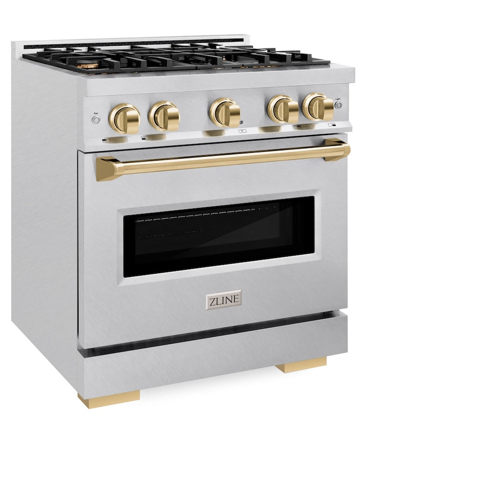 ZLINE Autograph Edition 30 in. 4.2 cu. ft. Classic Dual Fuel Range with 4 Burner Gas Cooktop and Electric Convection Oven in Satin Stainless Steel with Polished Gold Accents (CDRSZ-30-G) side, oven closed.