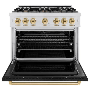ZLINE Autograph Edition 36 in. 5.2 cu. ft. Classic Dual Fuel Range with 6 Burner Gas Cooktop and Electric Convection Oven in Satin Stainless Steel with Black Matte Door and Polished Gold Accents (CDRSZ-BLM-36-G) front, oven open.