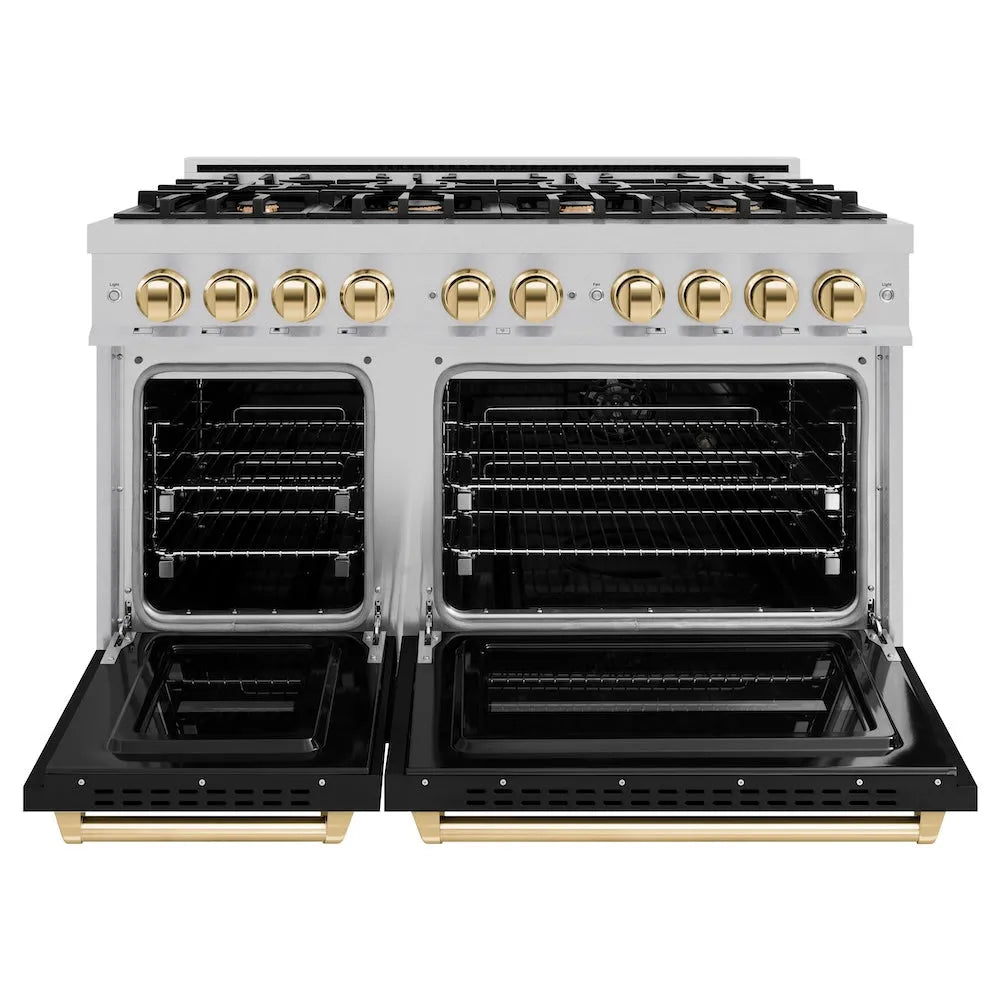 ZLINE Autograph Edition 48 in. 6.7 cu. ft. Classic Double Oven Dual Fuel Range with 8 Burner Gas Cooktop in Satin Stainless Steel with Black Matte Doors and Polished Gold Accents (CDRSZ-BLM-48-G) front, oven open.