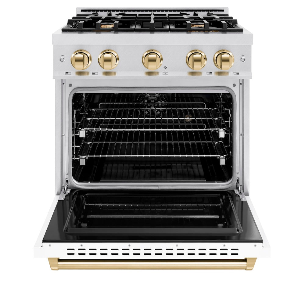 ZLINE Autograph Edition 30 in. 4.2 cu. ft. Classic Dual Fuel Range with 4 Burner Gas Cooktop and Electric Convection Oven in Satin Stainless Steel with White Matte Door and Polished Gold Accents (CDRSZ-WM-30-G) front, oven open.