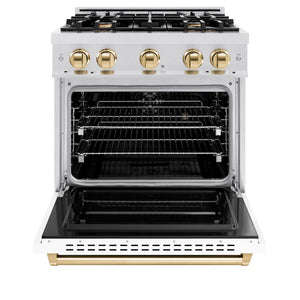 ZLINE Autograph Edition 30 in. 4.2 cu. ft. Classic Dual Fuel Range with 4 Burner Gas Cooktop and Electric Convection Oven in Satin Stainless Steel with White Matte Door and Polished Gold Accents (CDRSZ-WM-30-G) front, oven open.