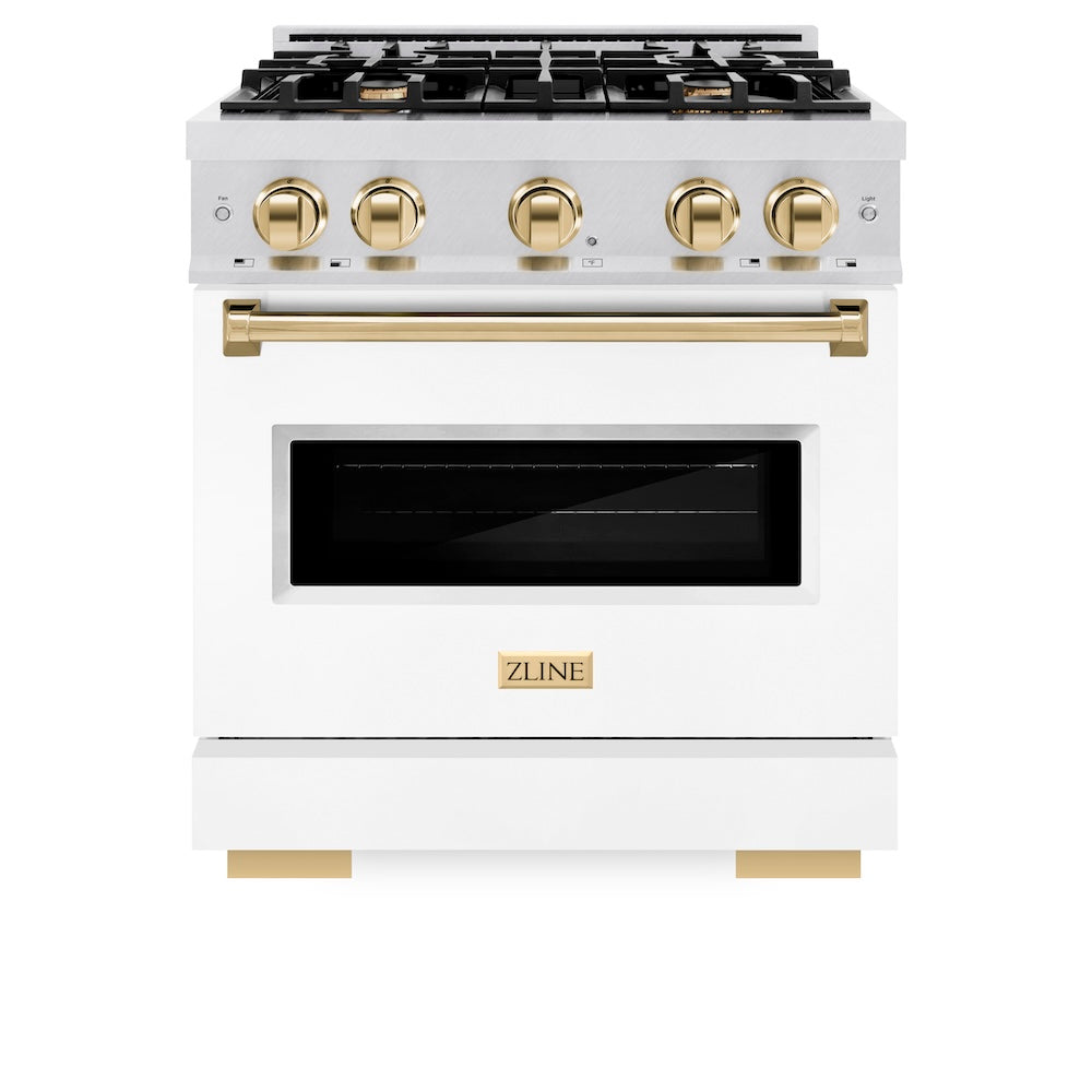ZLINE Autograph Edition 30 in. 4.2 cu. ft. Classic Dual Fuel Range with 4 Burner Gas Cooktop and Electric Convection Oven in Satin Stainless Steel with White Matte Door and Polished Gold Accents (CDRSZ-WM-30-G) front, oven closed.