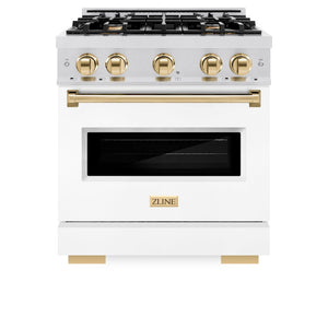 ZLINE Autograph Edition 30 in. 4.2 cu. ft. Classic Dual Fuel Range with 4 Burner Gas Cooktop and Electric Convection Oven in Satin Stainless Steel with White Matte Door and Polished Gold Accents (CDRSZ-WM-30-G) front, oven closed.