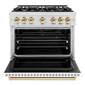 ZLINE Autograph Edition 36 in. 5.2 cu. ft. Classic Dual Fuel Range with 6 Burner Gas Cooktop and Electric Convection Oven in Satin Stainless Steel with White Matte Door and Polished Gold Accents (CDRSZ-WM-36-G) front, oven open.