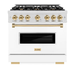 ZLINE Autograph Edition 36 in. 5.2 cu. ft. Classic Dual Fuel Range with 6 Burner Gas Cooktop and Electric Convection Oven in Satin Stainless Steel with White Matte Door and Polished Gold Accents (CDRSZ-WM-36-G) front, oven closed.