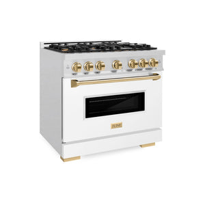 ZLINE Autograph Edition 36 in. 5.2 cu. ft. Classic Dual Fuel Range with 6 Burner Gas Cooktop and Electric Convection Oven in Satin Stainless Steel with White Matte Door and Polished Gold Accents (CDRSZ-WM-36-G) side.