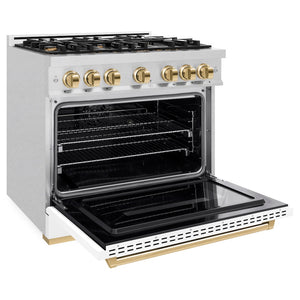 ZLINE Autograph Edition 36 in. 5.2 cu. ft. Classic Dual Fuel Range with 6 Burner Gas Cooktop and Electric Convection Oven in Satin Stainless Steel with White Matte Door and Polished Gold Accents (CDRSZ-WM-36-G) side, oven open.