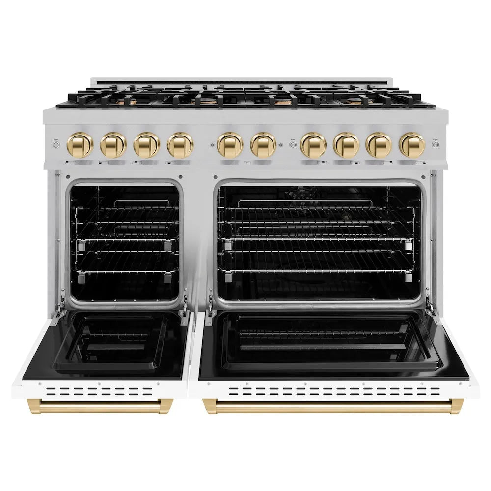 ZLINE Autograph Edition 48 in. 6.7 cu. ft. Classic Double Oven Dual Fuel Range with 8 Burner Gas Cooktop in Satin Stainless Steel with White Matte Doors and Polished Gold Accents (CDRSZ-WM-48-G) front, oven open.