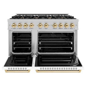 ZLINE Autograph Edition 48 in. 6.7 cu. ft. Classic Double Oven Dual Fuel Range with 8 Burner Gas Cooktop in Satin Stainless Steel with White Matte Doors and Polished Gold Accents (CDRSZ-WM-48-G) front, oven open.