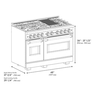 ZLINE Autograph Edition 48 in. 6.7 cu. ft. Classic Double Oven Dual Fuel Range with 8 Burner Gas Cooktop in Satin Stainless Steel and Polished Gold Accents (CDRSZ-48-G) dimensional diagram.