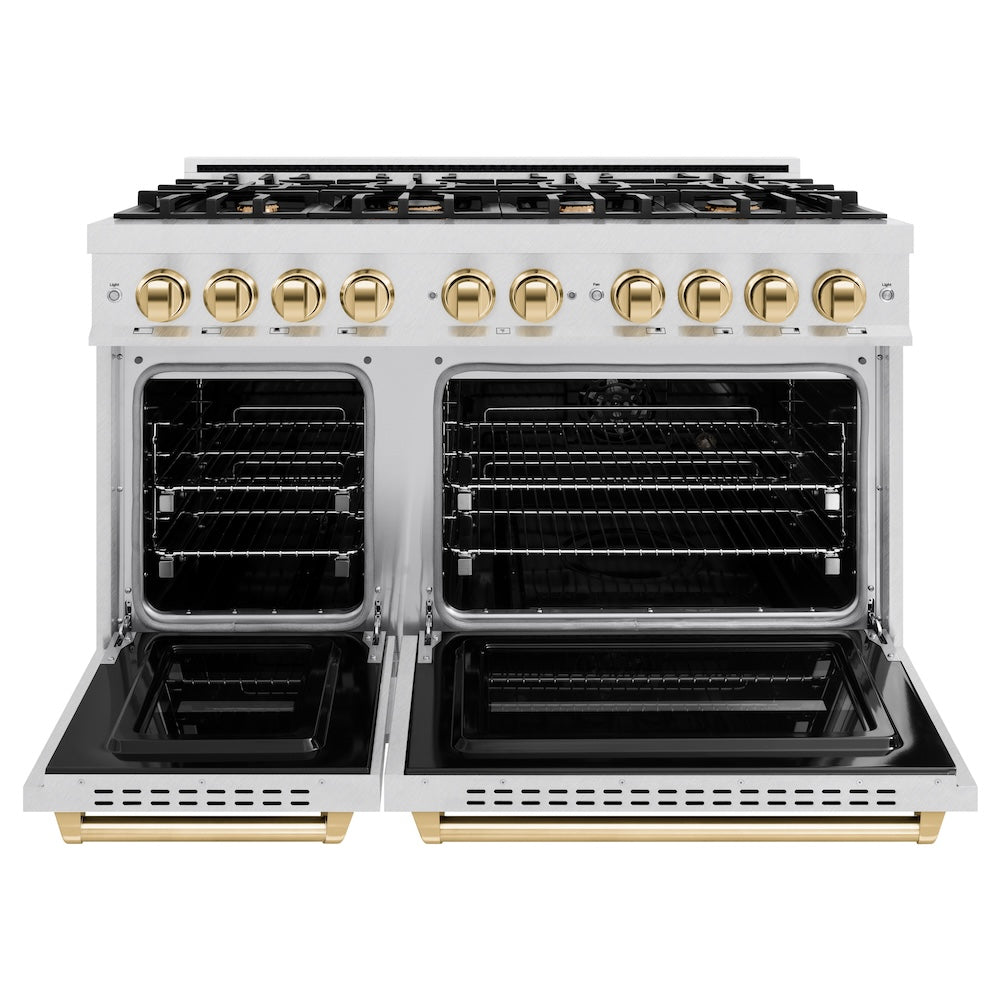 ZLINE Autograph Edition 48 in. 6.7 cu. ft. Classic Double Oven Dual Fuel Range with 8 Burner Gas Cooktop in Satin Stainless Steel and Polished Gold Accents (CDRSZ-48-G) front, oven open.
