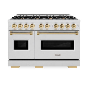 ZLINE Autograph Edition 48 in. 6.7 cu. ft. Classic Double Oven Dual Fuel Range with 8 Burner Gas Cooktop in Satin Stainless Steel and Polished Gold Accents (CDRSZ-48-G) front, oven closed.