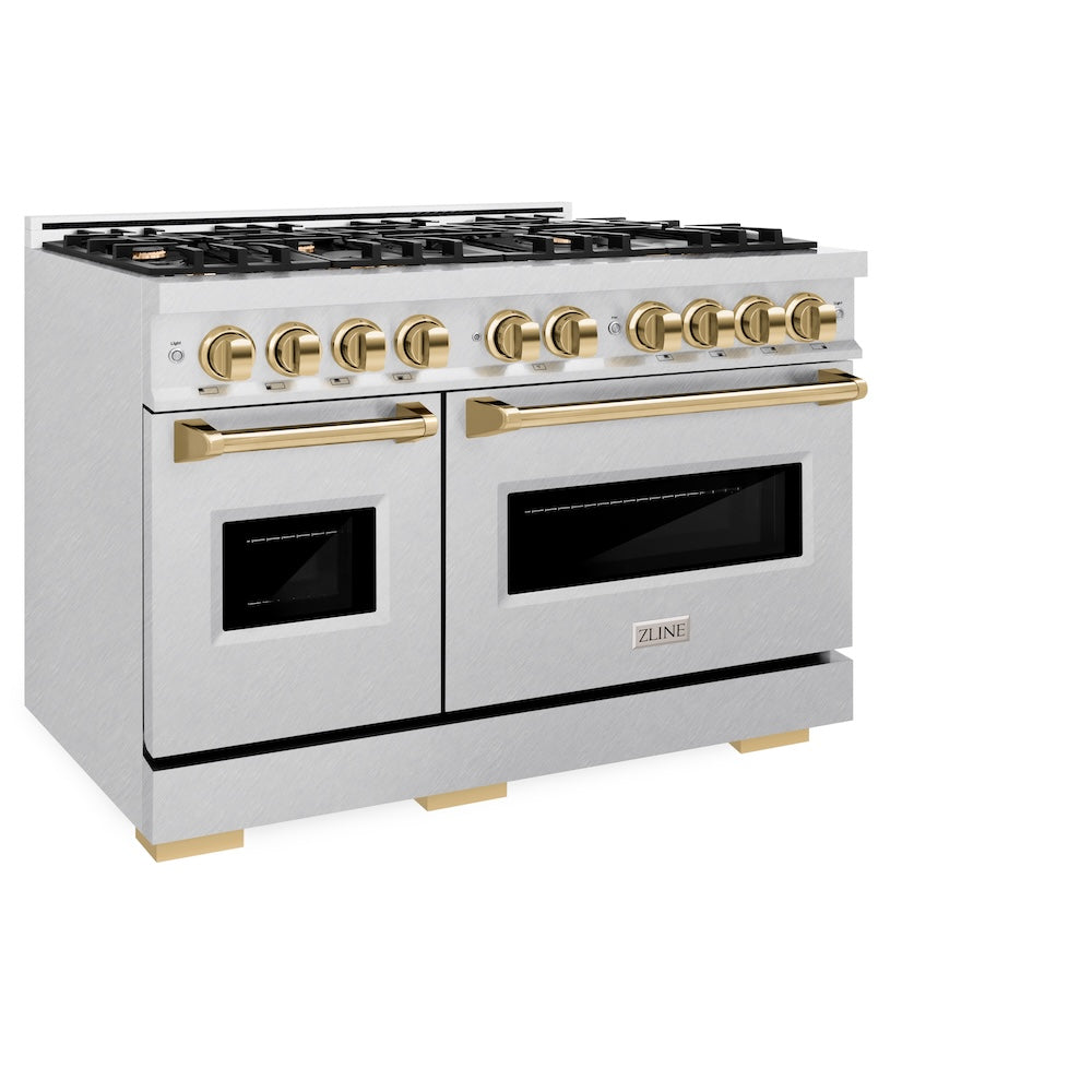 ZLINE Autograph Edition 48 in. 6.7 cu. ft. Classic Double Oven Dual Fuel Range with 8 Burner Gas Cooktop in Satin Stainless Steel and Polished Gold Accents (CDRSZ-48-G) side, oven closed.
