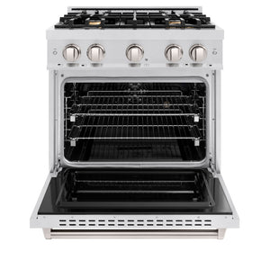 ZLINE 30 in. 4.2 cu. ft. Classic Dual Fuel Range with Gas Cooktop and Electric Convection Oven in Satin Stainless Steel with 4 Brass Burners (CDRS-BR-30) front, oven open.