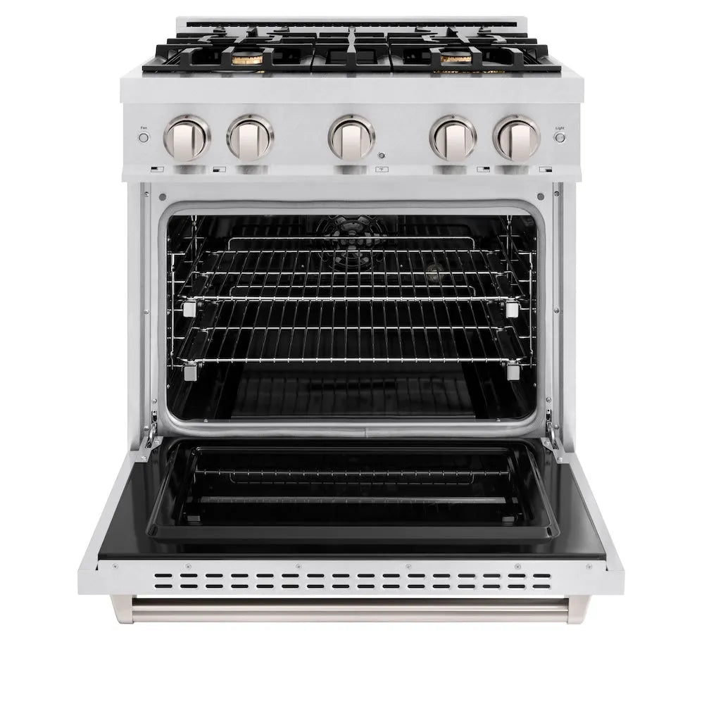 ZLINE 30 in. 4.2 cu. ft. Classic Dual Fuel Range with Gas Cooktop and Electric Convection Oven in Satin Stainless Steel with 4 Brass Burners (CDRS-BR-30) front, oven open.