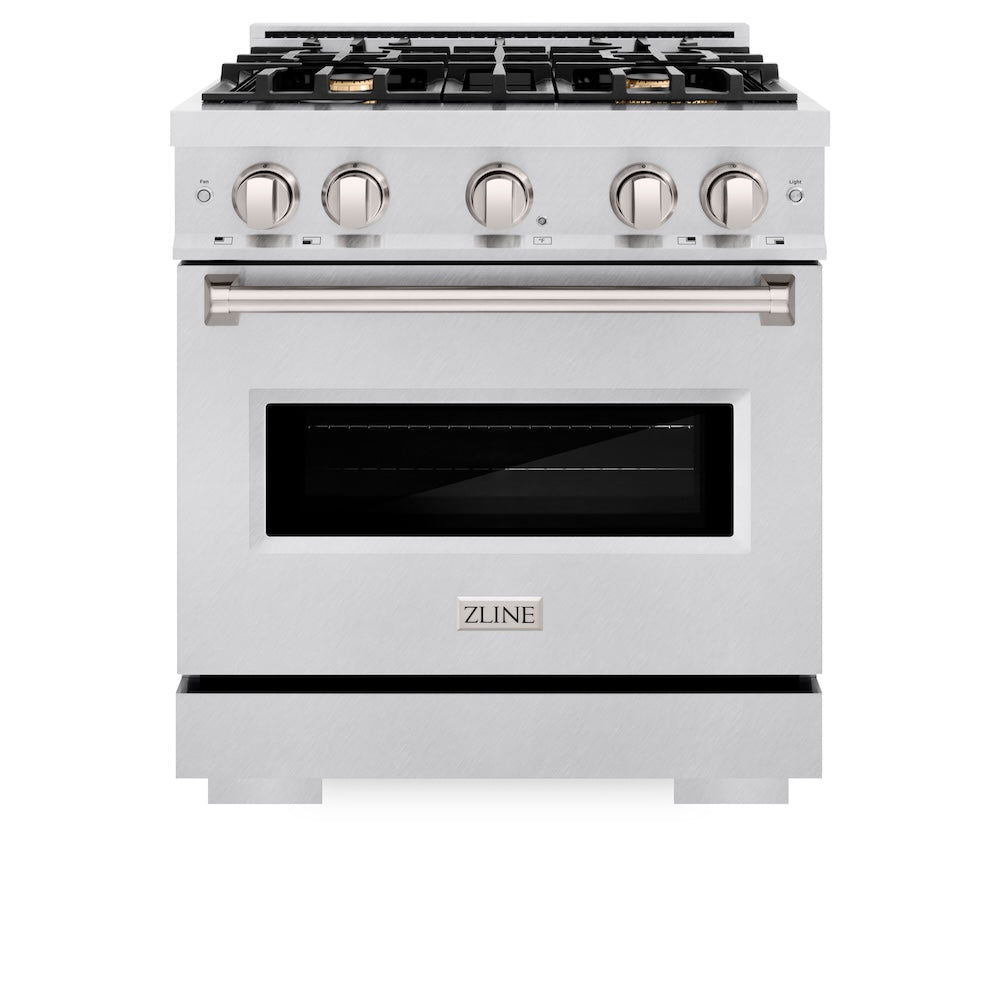 ZLINE 30 in. 4.2 cu. ft. Classic Dual Fuel Range with Gas Cooktop and Electric Convection Oven in Satin Stainless Steel with 4 Brass Burners (CDRS-BR-30) front, oven closed.