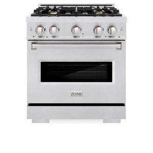ZLINE 30 in. 4.2 cu. ft. Classic Dual Fuel Range with Gas Cooktop and Electric Convection Oven in Satin Stainless Steel with 4 Brass Burners (CDRS-BR-30) front, oven closed.