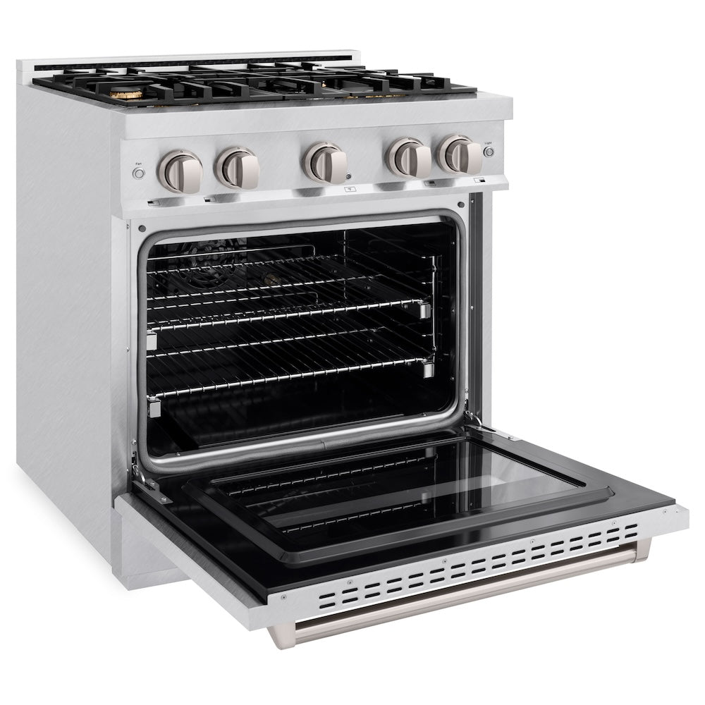 ZLINE 30 in. 4.2 cu. ft. Classic Dual Fuel Range with Gas Cooktop and Electric Convection Oven in Satin Stainless Steel with 4 Brass Burners (CDRS-BR-30) side, oven open.